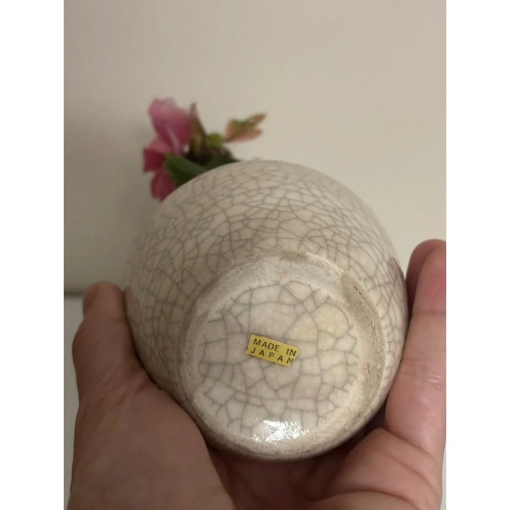 Vintage Japanese Glass Bonsai Tree Pink Flower Crackle Glaze Pot Japan 9in